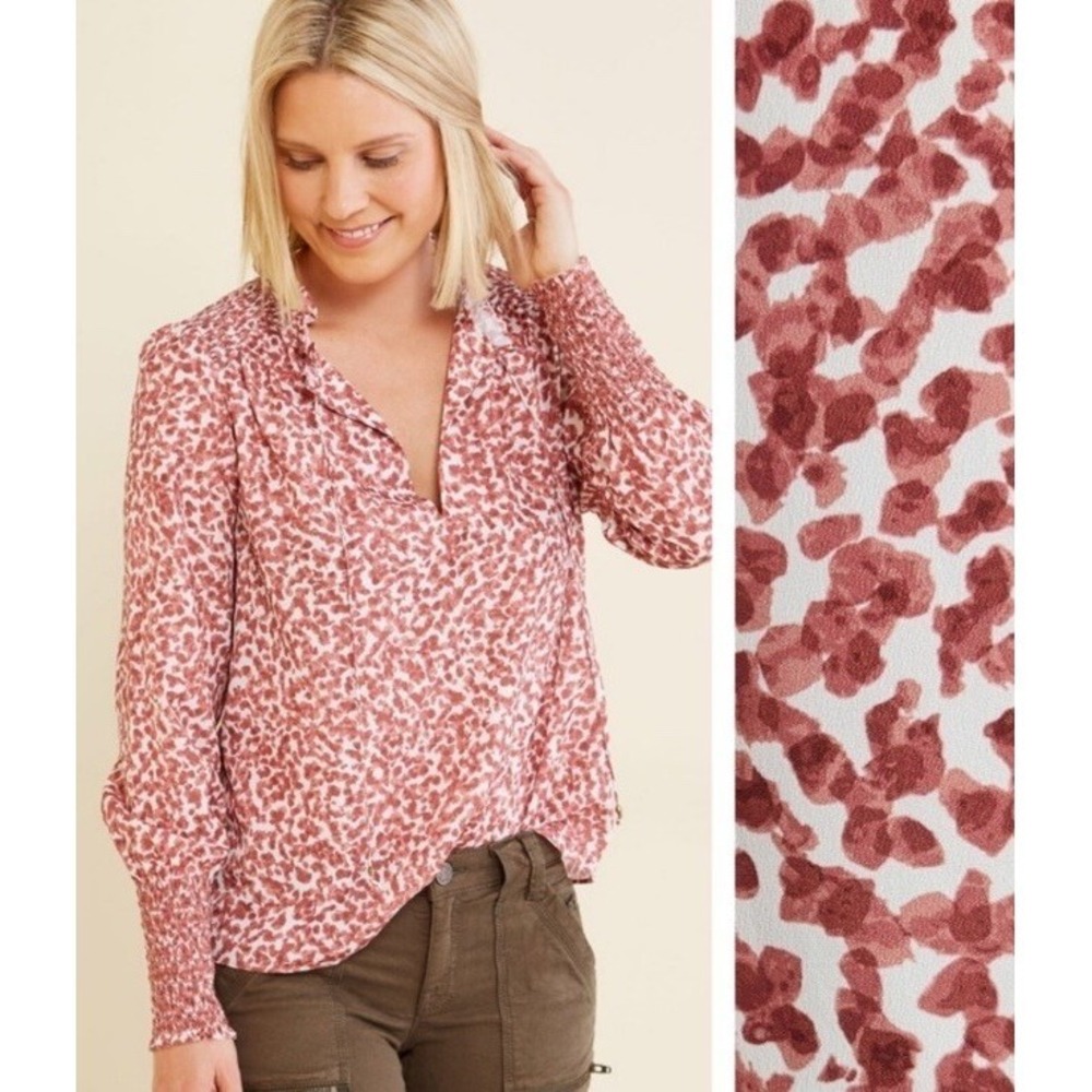 Marie Oliver Kate Pink Geometric Smocked‎ Long Sleeve Blouse XS Pink White